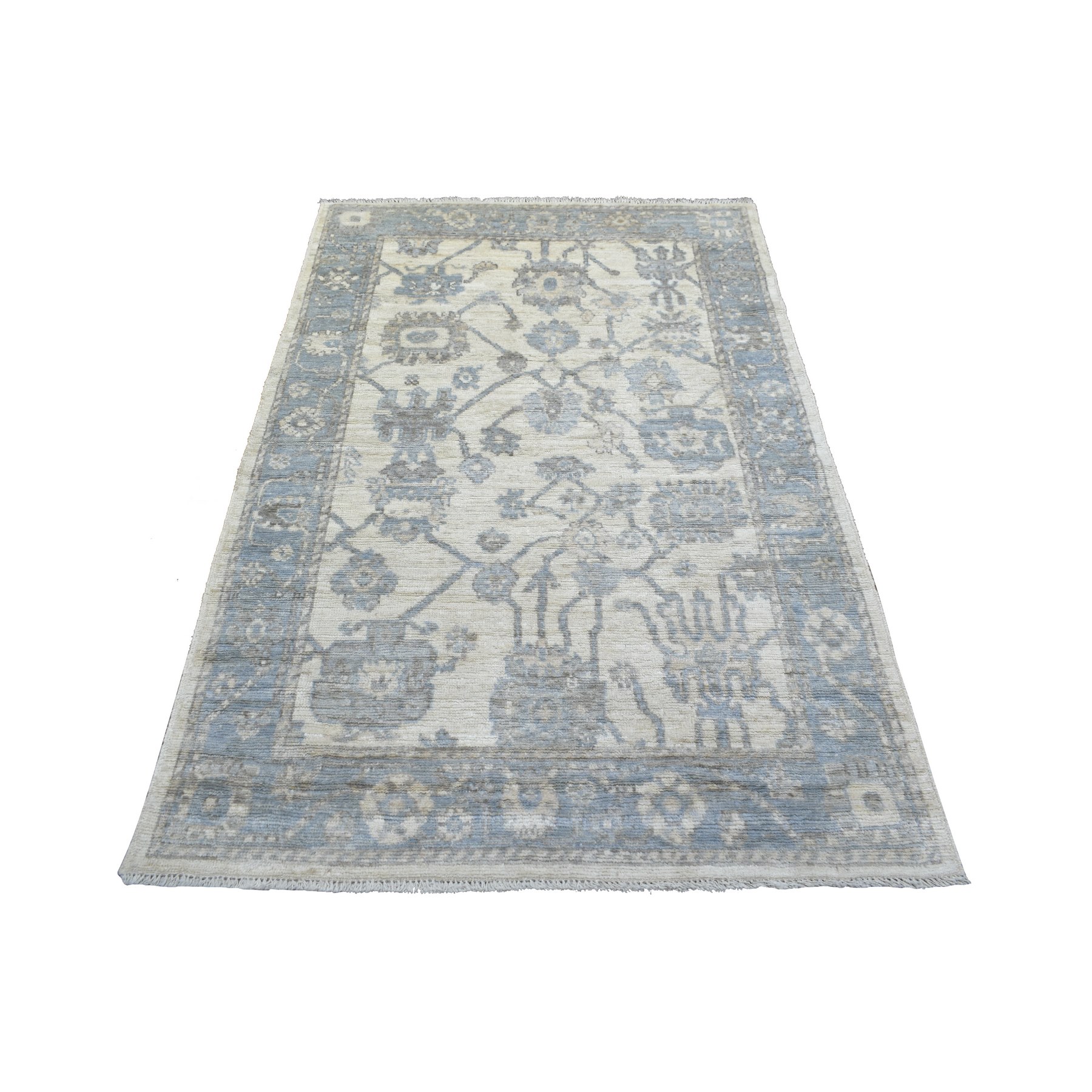 4'1"x6'1" Ivory Angora Oushak Soft Colors With Leaf Design Hand Knotted Natural Dyes, Afghan Wool Oriental Rug 